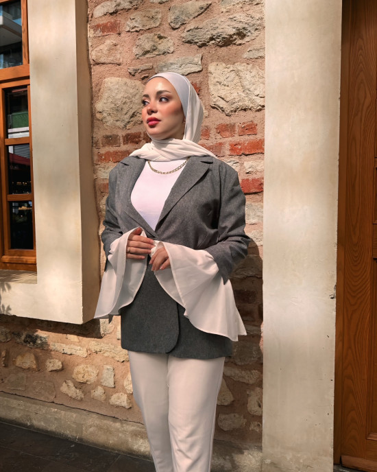 GÜL KEMER DETAYLI CEKET GRİ 