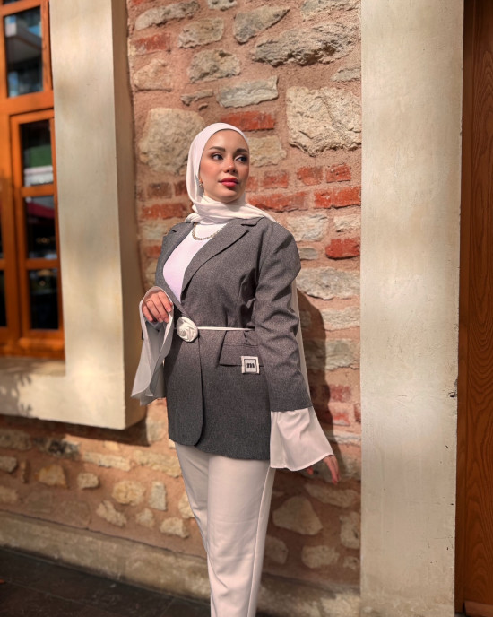 GÜL KEMER DETAYLI CEKET GRİ 