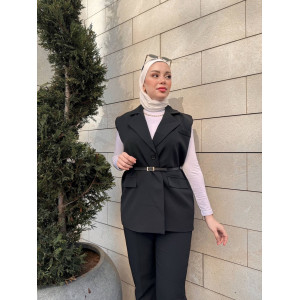 KEMERLİ TASARIM YELEK SİYAH