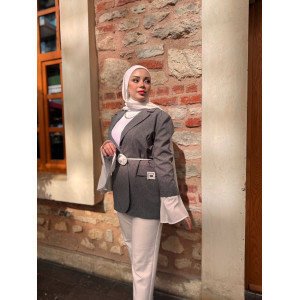 GÜL KEMER DETAYLI CEKET GRİ 